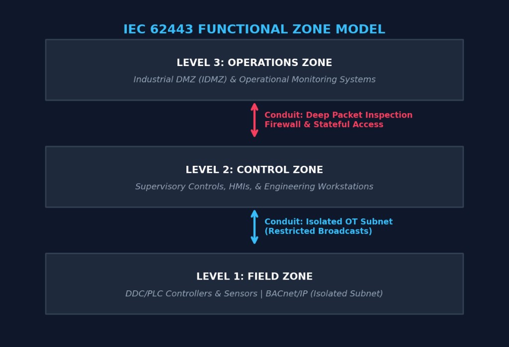 IEC 62443 functional zone model showing operations, control, and field zones with security conduits