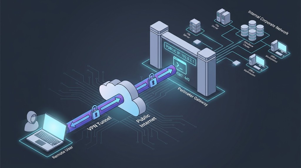Traditional VPN architecture showing remote user, VPN tunnel, perimeter gateway, and broad access to the internal corporate network