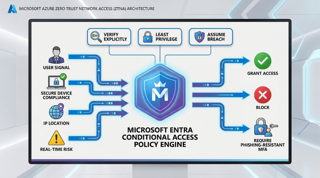 Azure Zero Trust architecture diagram showing conditional access and risk-based decisions