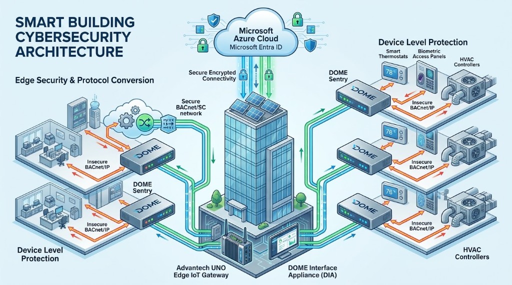 Secure BMS and IoT edge architecture diagram showing device-level protection and protocol conversion